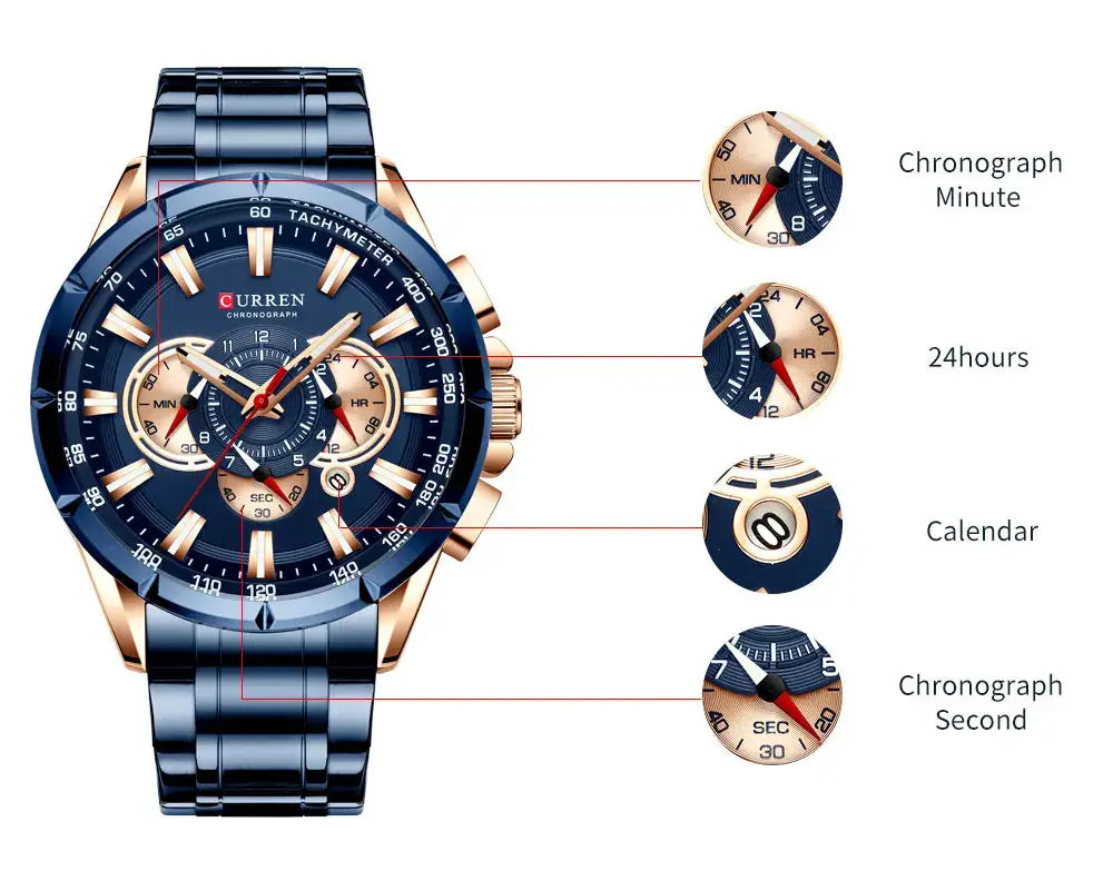Men's Curren chronograph watch with blue stainless steel band, rose-gold case, big dial and luminous pointers