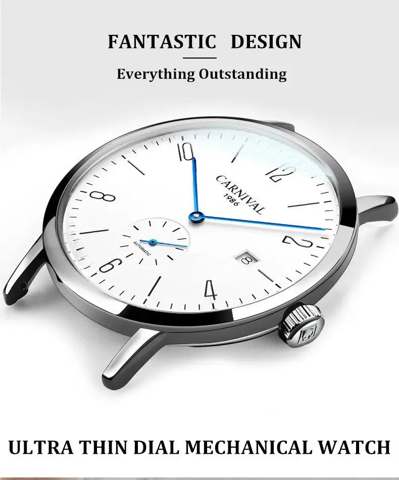 Carnival men's ultrathin automatic wristwatch with white dial, blue hands, date window, stainless steel case