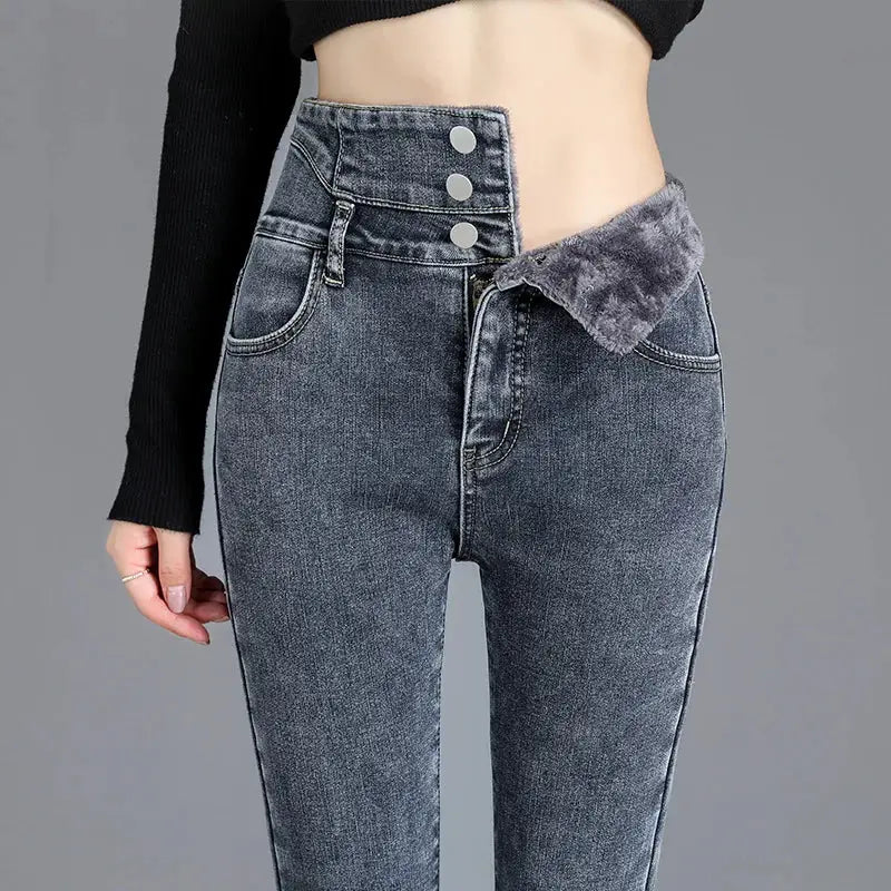 Thermal Winter Thick Fleece High Waist Stretch Skinny Jeans For Women