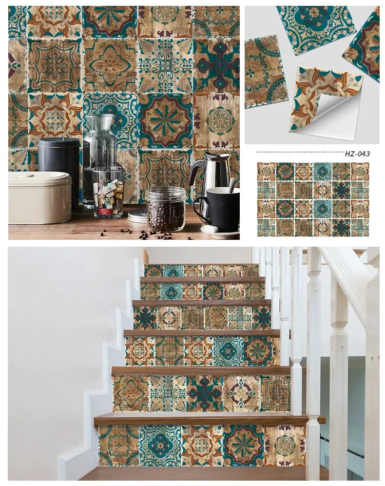 Simples Market tile sticker set, 24pcs, light teal and beige brown patterned wall decals for kitchen and bathroom.