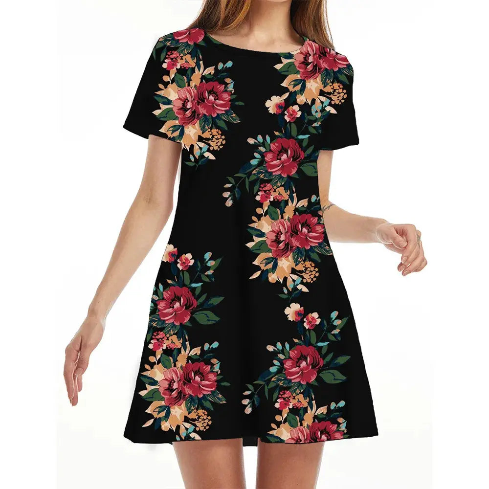 Instylis Women Casual Vintage O Neck Print Loose Mini Dress Sundress