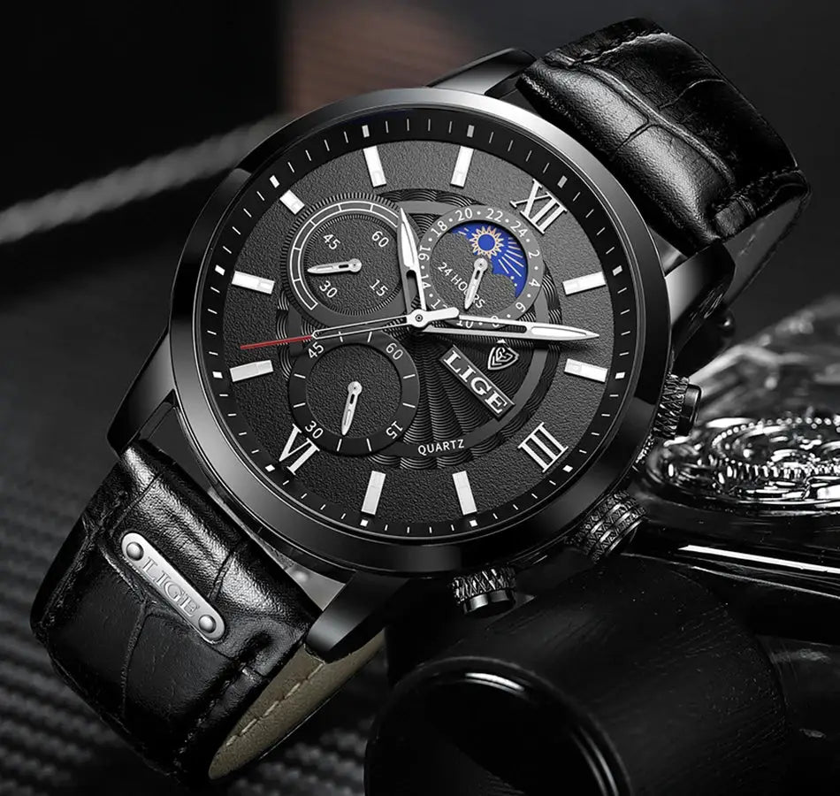 LIGE men's luxury leather quartz watch with black dial and three subdials, black leather strap