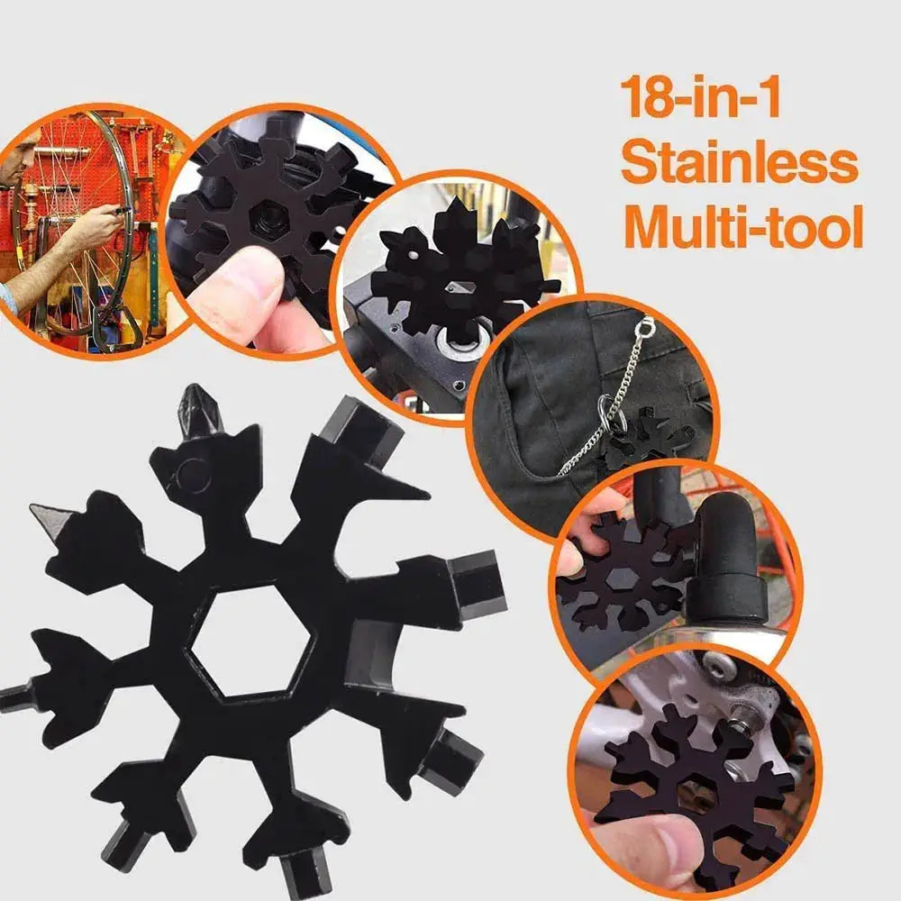 Snowflake 18-in-1 stainless steel multi-tool, black, by Simples Market, for outdoor camping and survival.