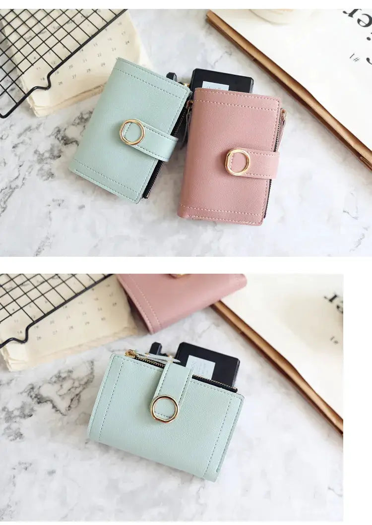 Simples Market set of two short women's wallets with zipper; pastel mint green and pink PU leather, gold ring accents