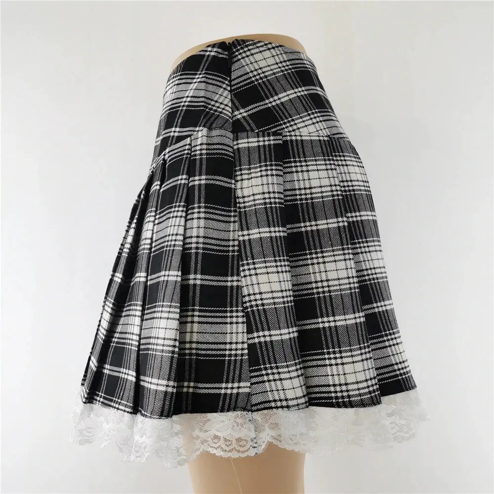 Harajuku Punk Gothic plaid high-waist mini skirt with white lace trim