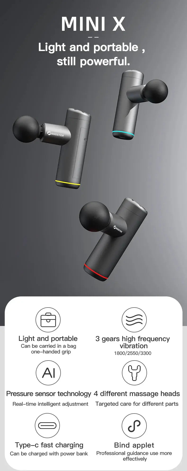 Booster Mini X massage gun by Simples Market; compact back and neck percussion massager with three units and colored rings.