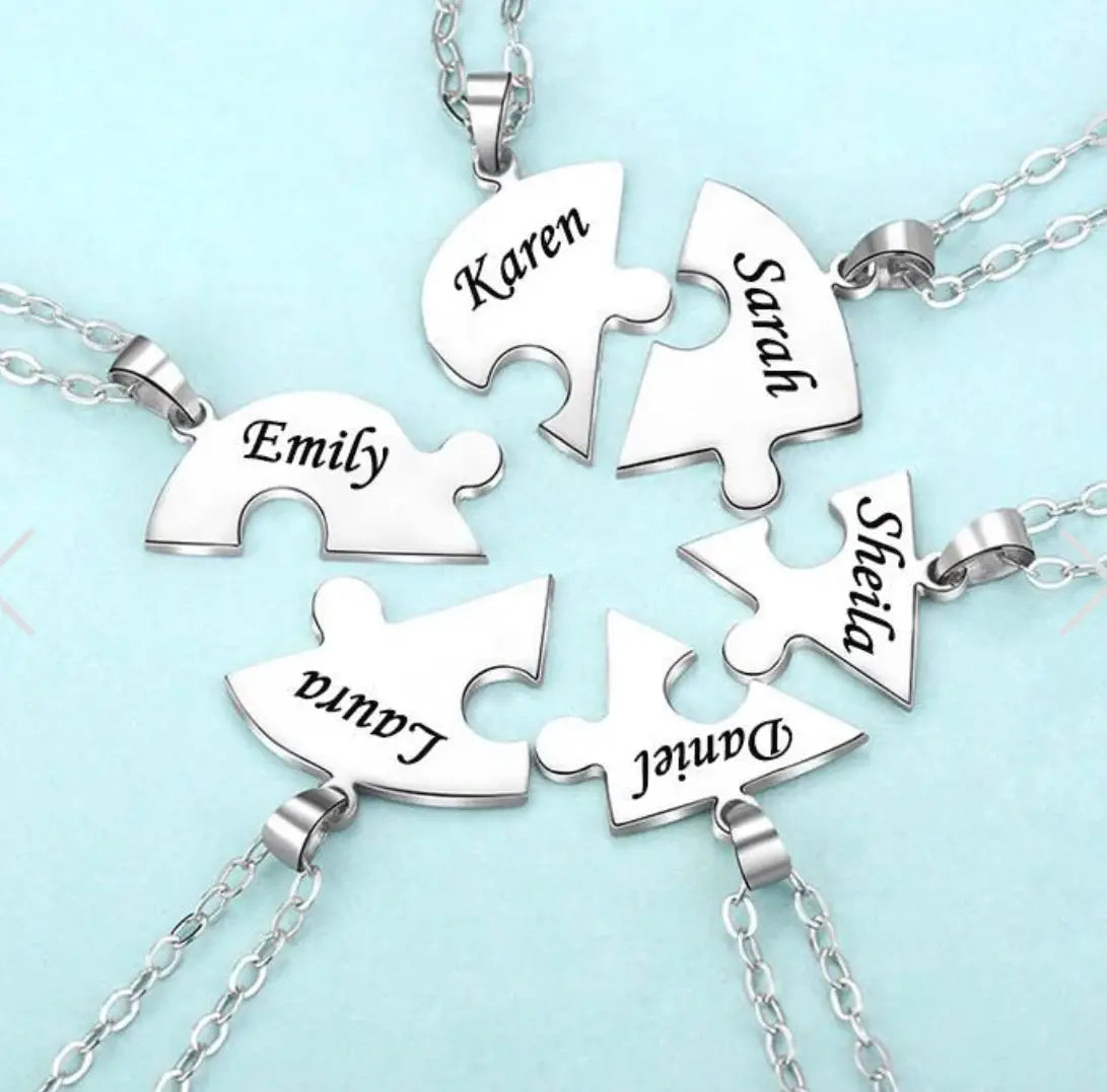 Custom Name Puzzled Heart Pendant Necklace Engraved Names Stainless Steel Unisex Jewelry