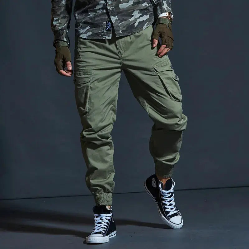 Khaki tactical cargo joggers for men by Simples Market with multiple pockets