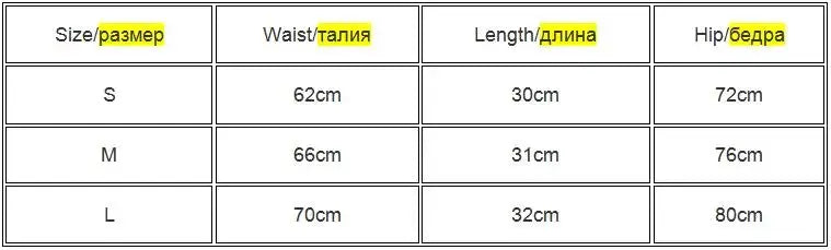Simples Market women's high-waist biker shorts size chart with waist 62–70 cm, length 30–32 cm, hip 72–80 cm.
