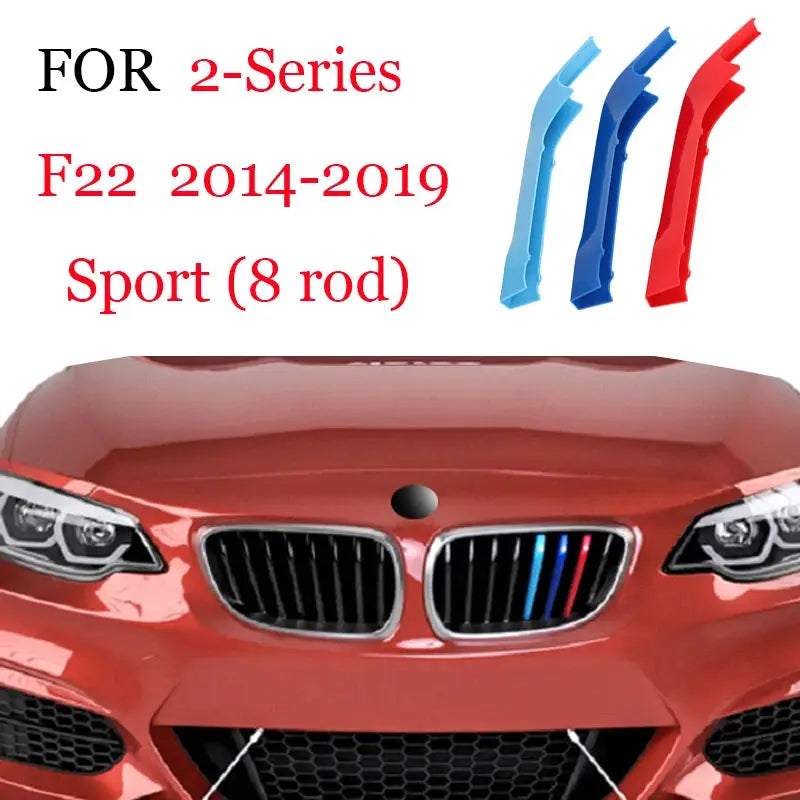BMW 3-piece front grille trim strips for 2-Series F22 2014–2019 Sport, blue and red, by Simples Market