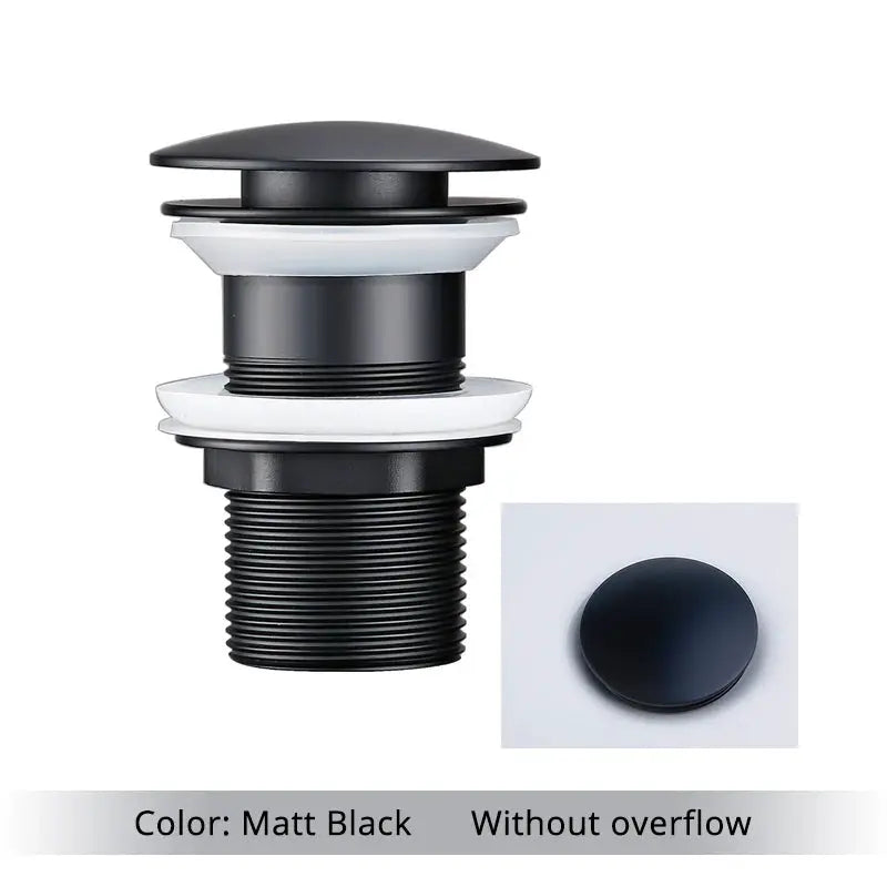Simples Market matte black pop-up bathroom sink drain stopper for vessel sinks, without overflow.
