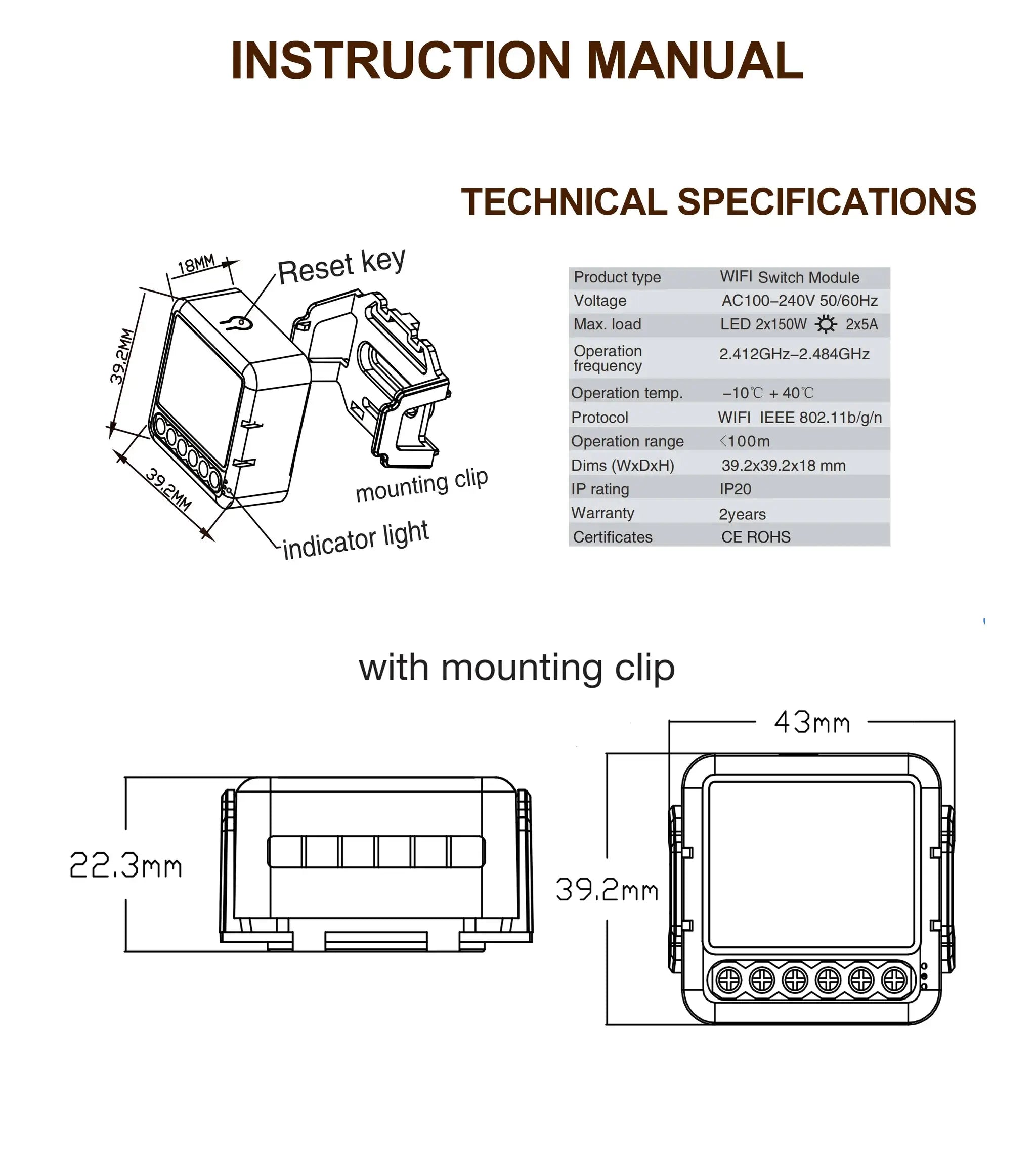 Tuya Wifi Smart Switch Module technical specs page with schematic and mounting clip diagram