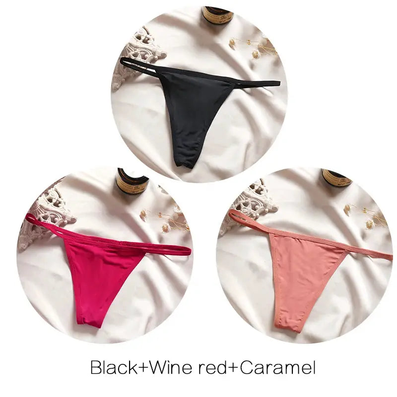 FINETOO 3-pack low-rise thong underwear for women in black, wine red and caramel from Simples Market