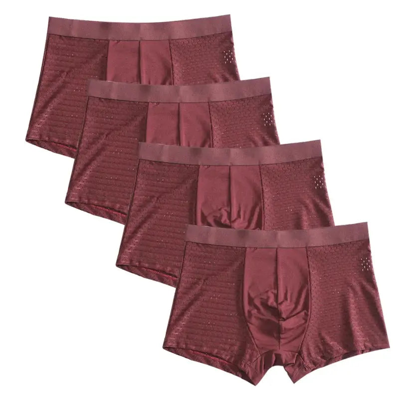 Simples Market bamboo fiber men's boxer briefs set, 4 burgundy pairs with breathable mesh panels.