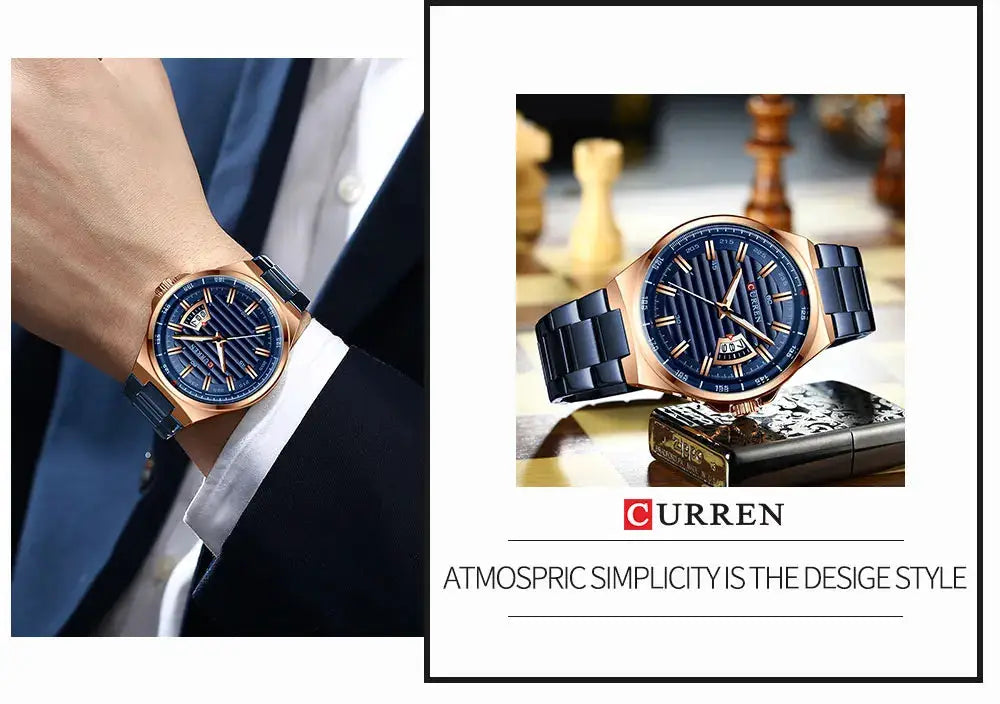 CURREN men's luxury wristwatch with blue dial, rose-gold case and blue stainless steel band