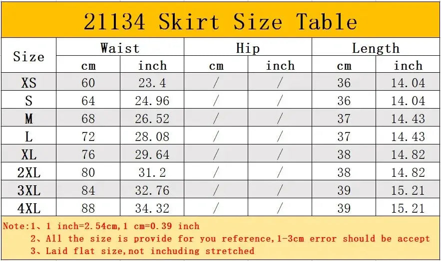 Harajuku Punk Gothic black high-waist skirt size table by Simples Market showing waist and length for XS-4XL