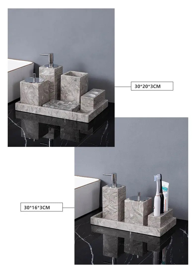 Simples Market gray marble bathroom accessories set with soap dispenser, toothbrush holder, cup and soap dish on a tray