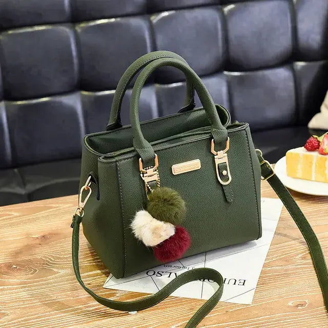 Yogodlns Beading Pendant Handbag Soft PU Leather Embossed Detailing Hairball Pendants Casual Tote With Compartments