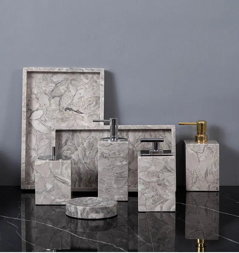 Bathroom accessories set in natural gray marble pattern; includes soap dispenser, toothbrush holder, cup, soap dish, cotton swab can by Simples Market