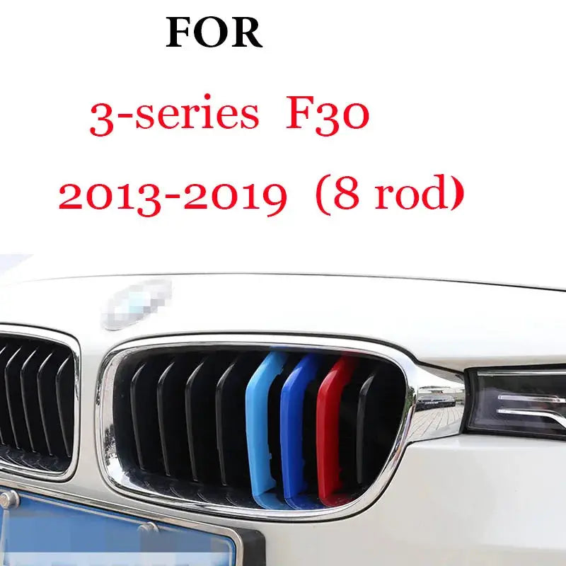 3Pcs BMW Front Grille Trim Strips with blue, light blue and red accents.