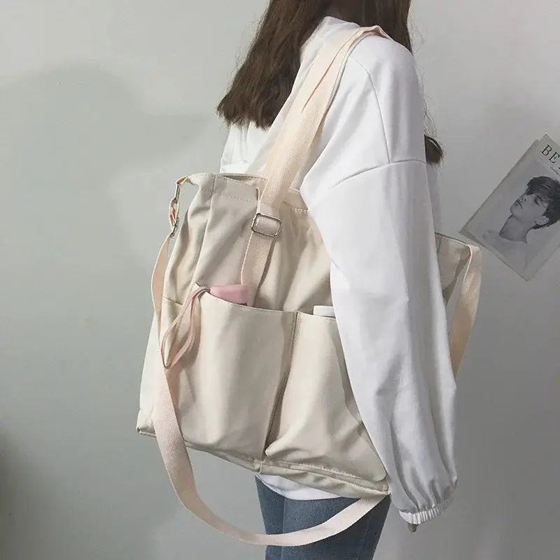 Simples Market waterproof Oxford beige large-capacity women's crossbody bag with front pockets