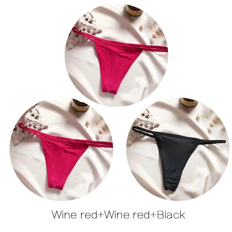 FINETOO 3-piece thong set for women in wine red and black, sizes M–XL
