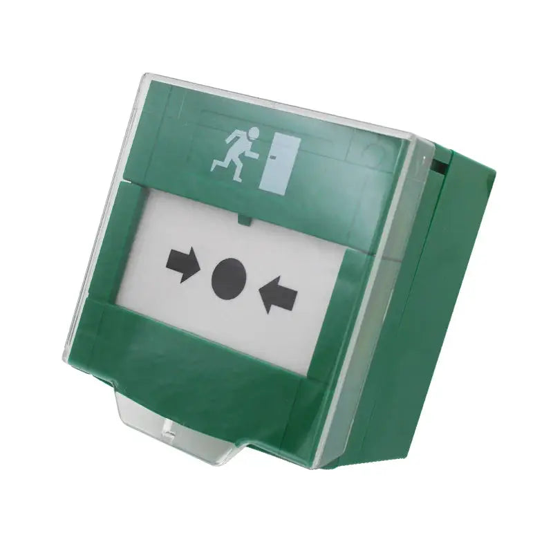 Emergency exit release switch by Simples Market, green with clear protective cover