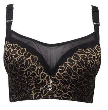 Simples Market full lace bra, black with gold embroidery, underwire cups for support.