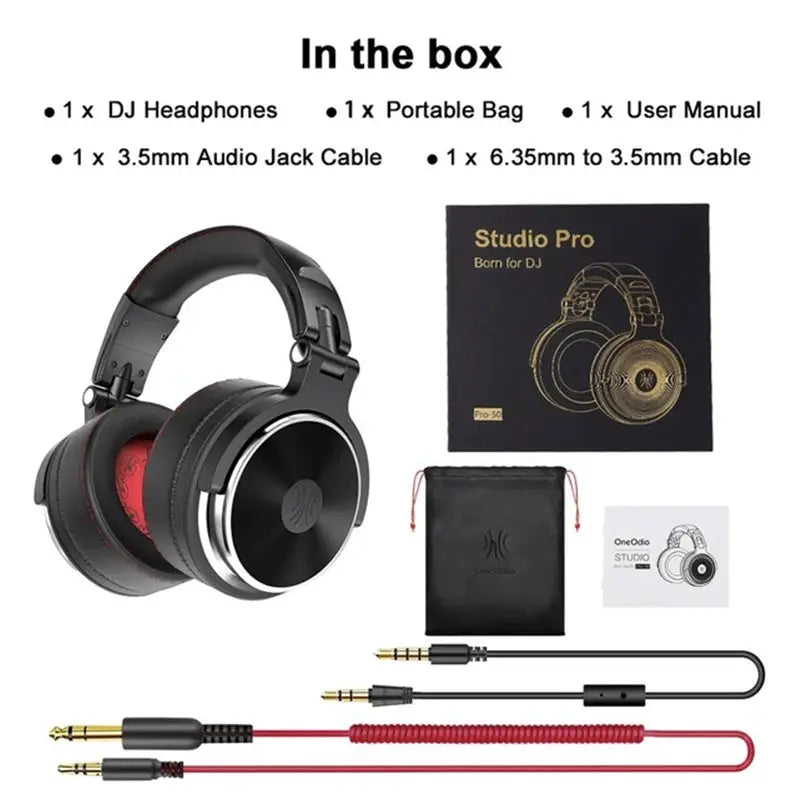 Oneodio Studio Pro 50 DJ headphones, wired over-ear with mic, black/red, by Simples Market, includes bag and cables.