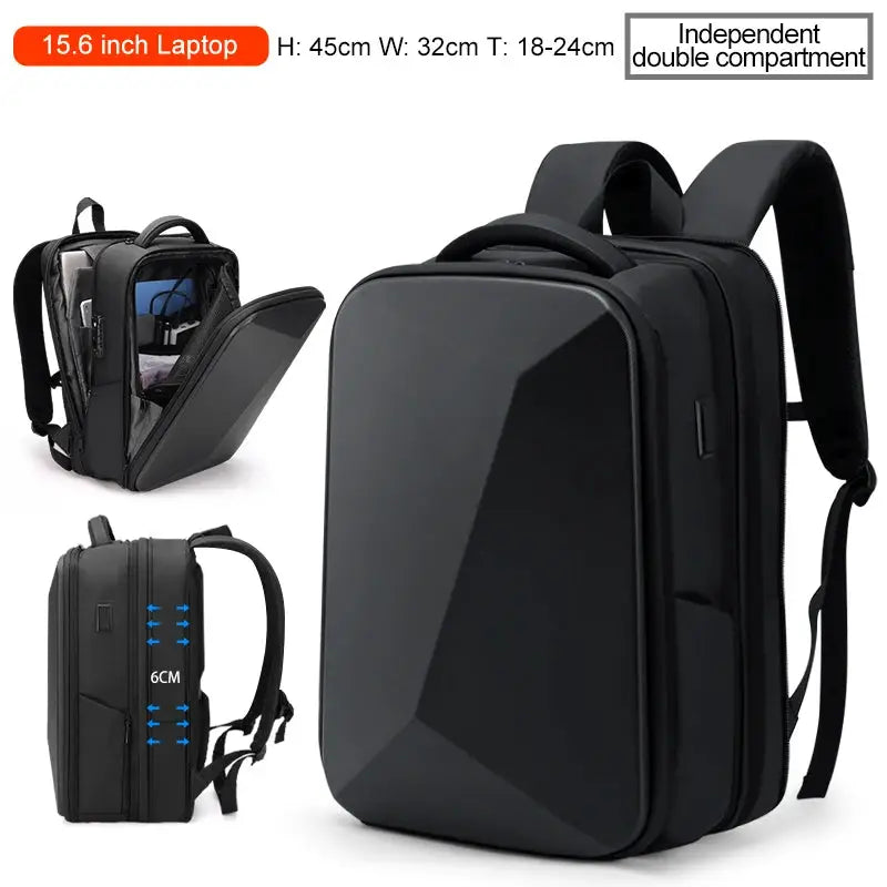 Fenruien Brand black 15.6-inch laptop backpack with anti-theft, waterproof design, USB charging and dual compartments.