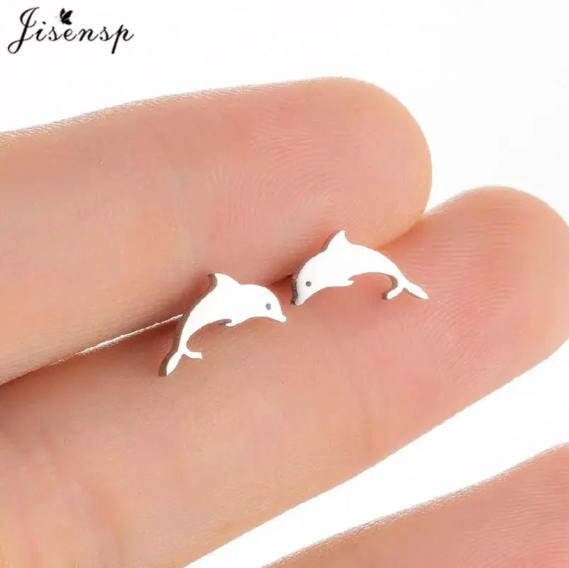 Stainless steel stud earrings; pair features hummingbird and leaf designs in white finish for women.