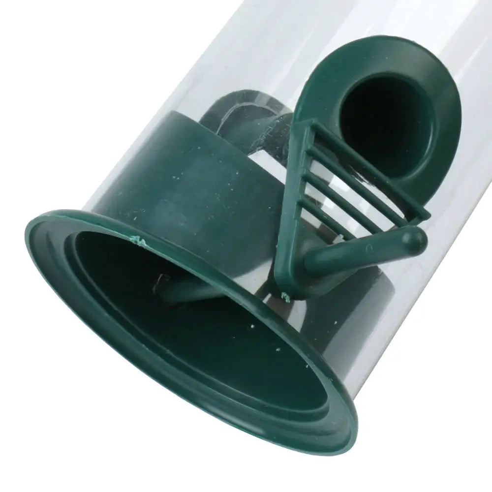 Hanging green plastic bird feeder with clear tube and seed tray