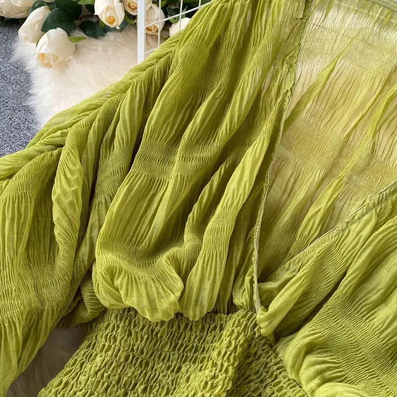 Summer draped chiffon blouse for women in lime green with puff sleeves and smocked waist