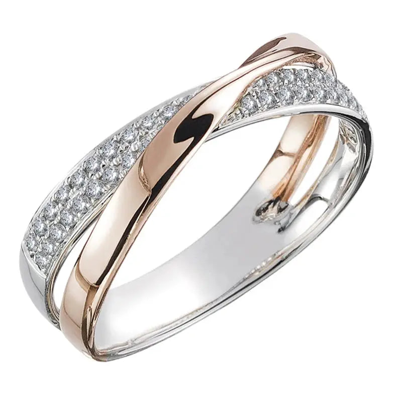 Huitan Two Tone X Shape Cross Ring For Women Wedding Jewelry Dazzling CZ Stone Large Modern Ring Fashion Accessory