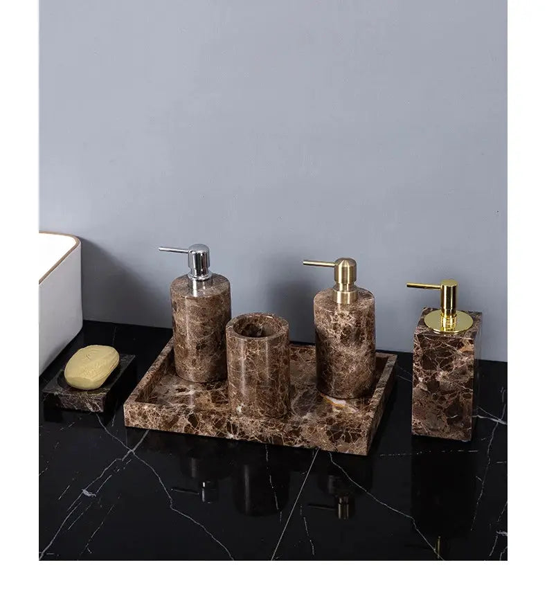 Emperador Dark brown marble bathroom set with soap dispenser, toothbrush holder, and soap dish on tray