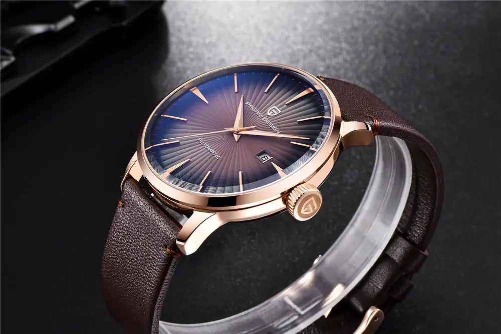 Pagani Design men's watch with rose-gold case, brown leather strap, blue sunburst dial and date window