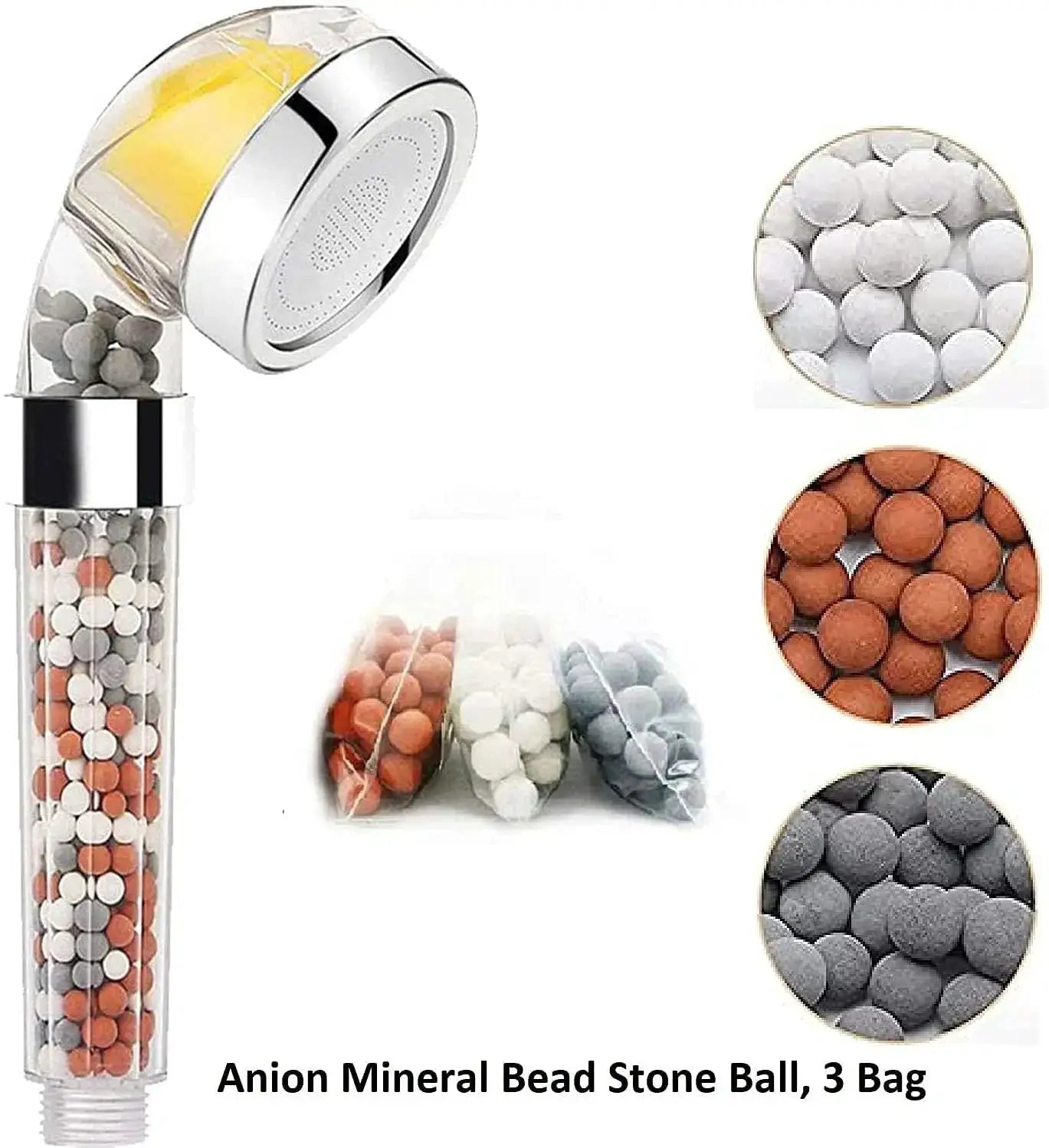 Simples Market shower head replacement bead filter with orange, white and gray mineral beads; includes 3 bags