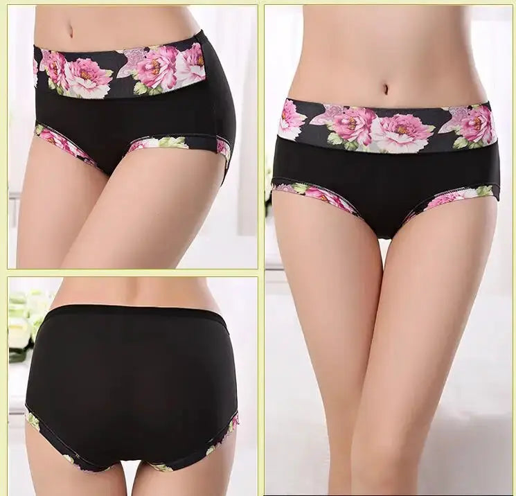 Panties 3-pack: black briefs with wide pink floral waistband trim and matching floral accents, plus-size 4XL–13XL