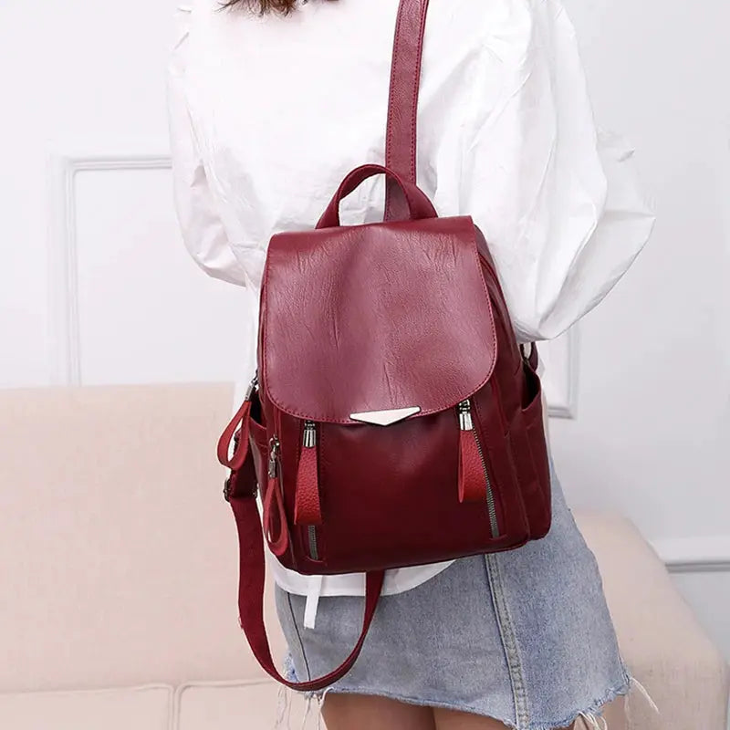 Yogodlns luxury women's backpack in red soft PU leather with double zippers and large capacity