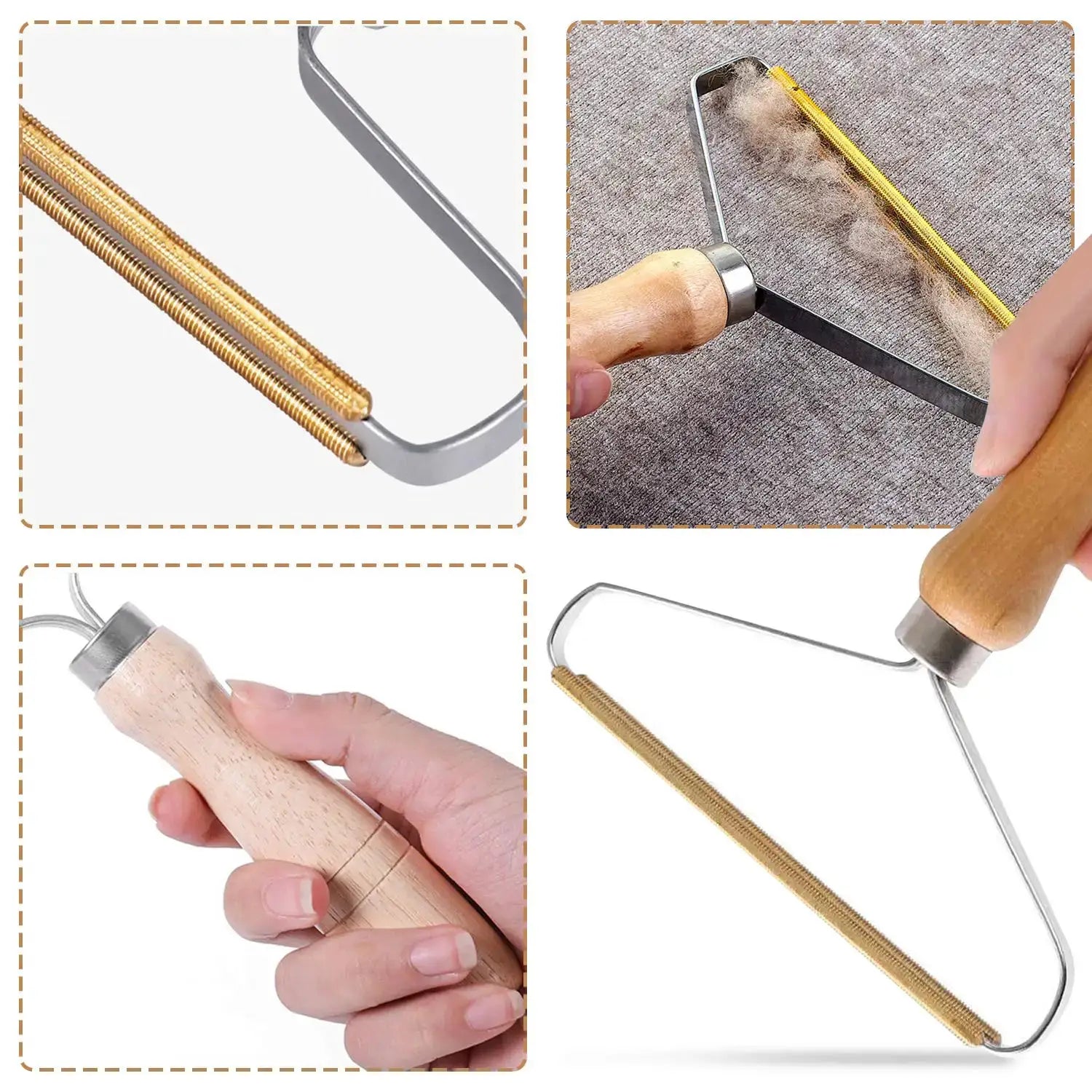 Simples Market portable lint remover tool set with wooden handle and gold-toned combs for pet hair and fabric lint removal