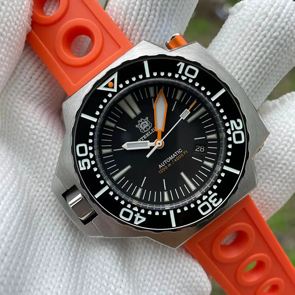 Steeldive Proplof SD1969 V3 dive watch with black dial, orange strap, stainless steel case