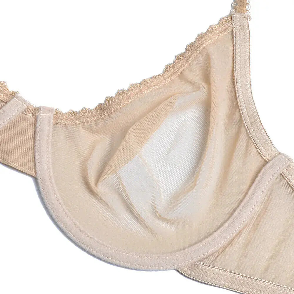 Beige lace-mesh unlined bra with scalloped edges and sheer cups