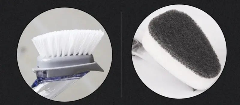 Two-piece kitchen scrubber set: long-handle white-bristle brush with soap dispenser and sponge pad