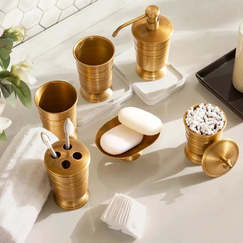 Golden Retro Copper Brushed Brass 6-piece bathroom set by Simples Market including toothbrush holder, dispenser, tumbler