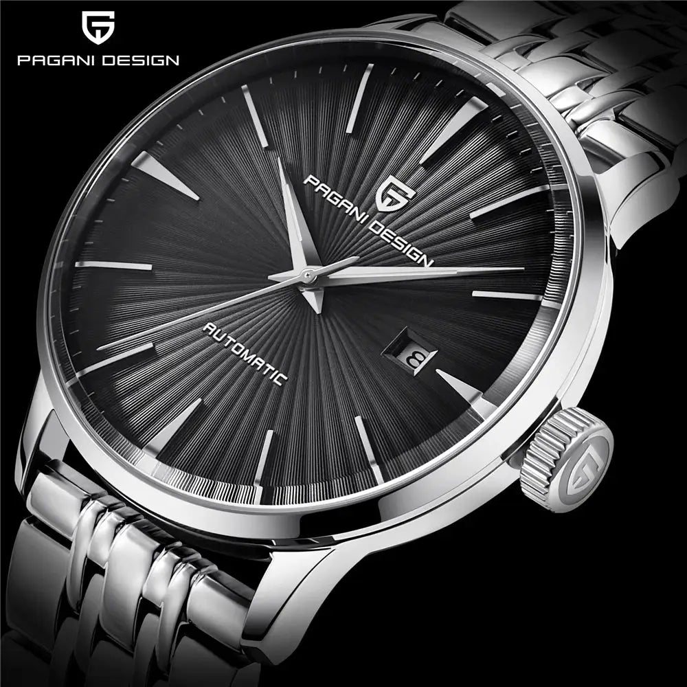 Pagani Design men's watch with black sunburst dial, silver case and stainless steel bracelet, automatic movement