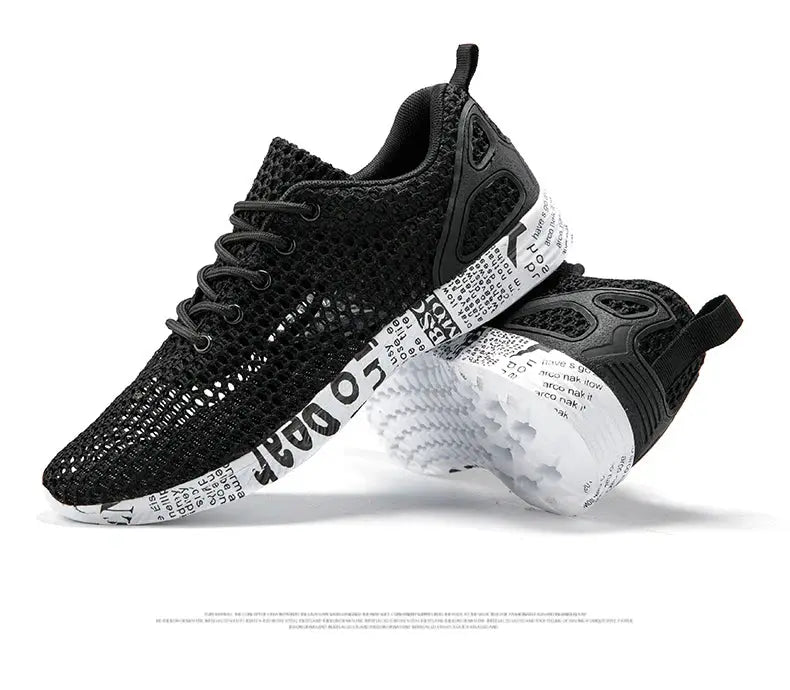 Men's black mesh sneakers by Simples Market with white newspaper-print foam sole