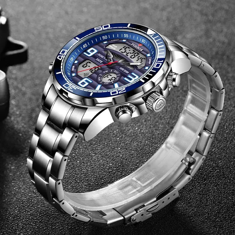LIGE Foxbox men's stainless steel sport watch with blue bezel, analog-digital dial, water resistant