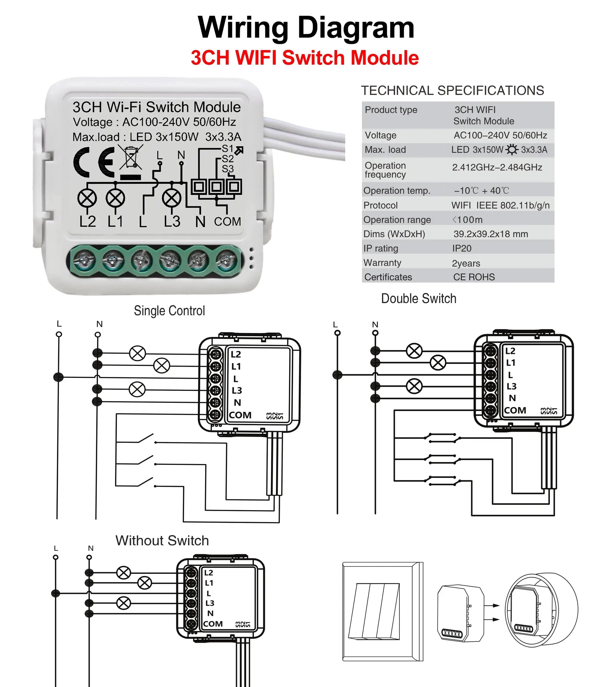 White 3CH WiFi switch module with screw-terminal block; shows wiring diagrams for single and double switch setups