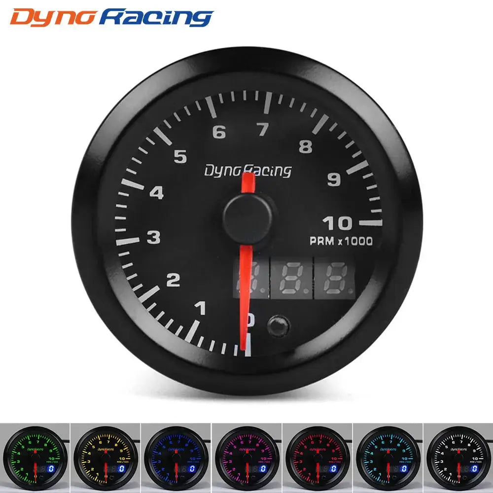 DynoRacing 52mm LED dual-display car gauge; black dial, 7-color LED options