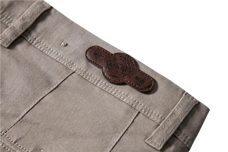 Men's casual cotton trousers; Simples Market tan solid color with leather patch at waistband